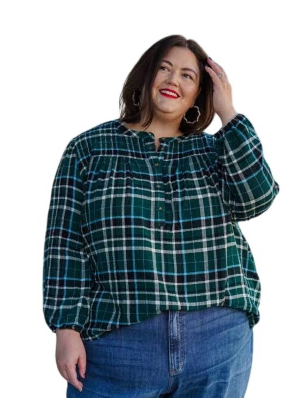 Lane Bryant Popover Shirt Size 16 Crinkle Plaid Long Sleeve Green Black Academia
